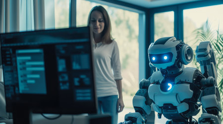 Smart Living: Woman and Robot in Syncの素材