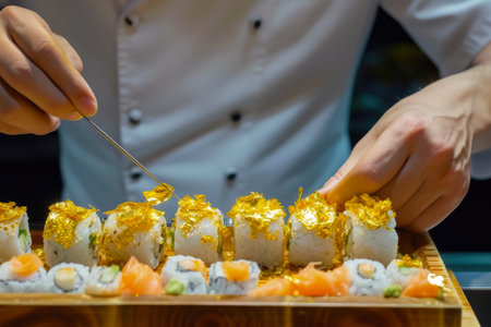 Gourmet Artistry: Chef's Finishing Touches on Sushi with Goldの素材