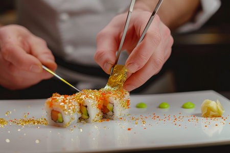 Haute Cuisine Sushi: Chef Elevates with Gold Leaf Detailingの素材
