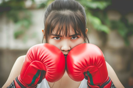 Strong and Focused: Female Athlete in Boxing Gymの素材