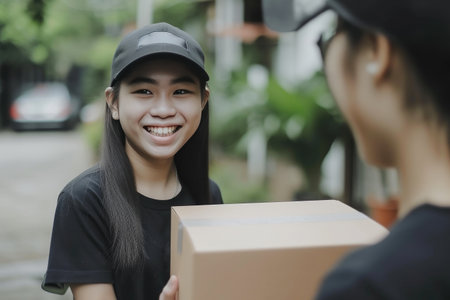 Excited Asian Girl Welcoming Delivery of Parcel Boxesの素材