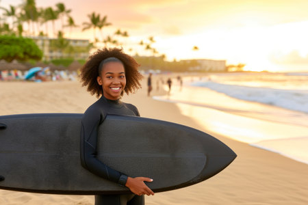 Seaside Happiness: Young Woman with Surfboardの素材