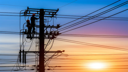 Power Grid Maintenance: Technician on Electric Poleの素材