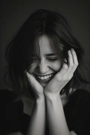 Subtle Radiance: A Grinning Brunette's Muted Glowの素材