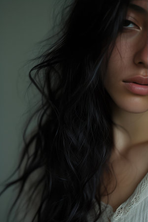 Fashionable Black-Haired Woman's Shoulder and Torsoの素材