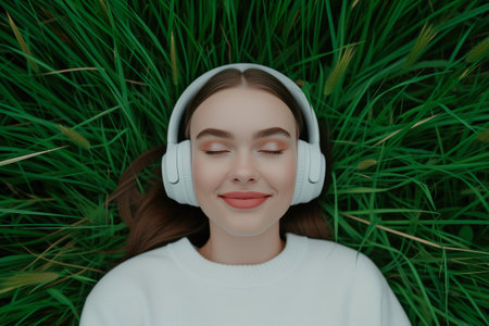 Green Melodies: Relaxed Girl Finds Solace in Nature's Soundtrackの素材
