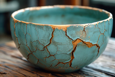 Gilded Resilience: Stoneware Bowl with Kintsugi Repairの素材