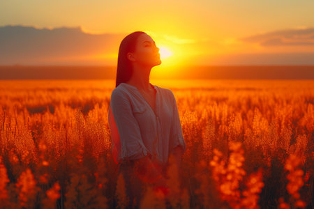 Golden Hour Bliss: Young Woman Embracing Natureの素材