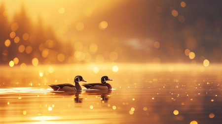 Morning Serenity: Wood Ducks Grace the Mountain Lakeの素材