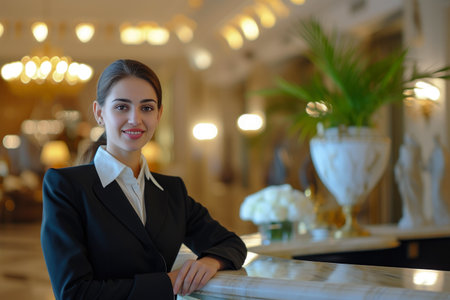 Sleek Receptionist Enhancing the Opulent Atmosphere of a Five-Star Hotelの素材