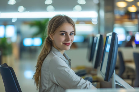 Graceful Bank Staff Member Conducting Transactions in Spacious Financial Institutionの素材