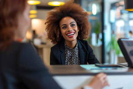 Modern Banking Workplace: Afro Woman Discussing Ideas with Managerの素材
