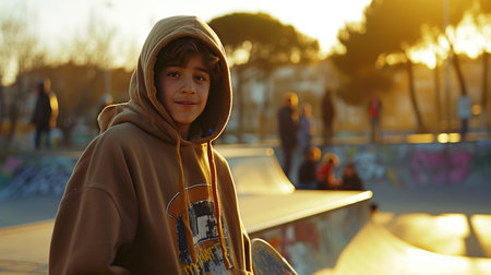 Sunny Skatepark Serenity: Teen Skater's Joyful Momentの素材