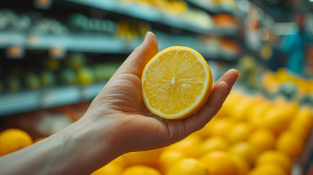 Market Fresh: Lemon Held Amidst Supermarket Bustleの素材