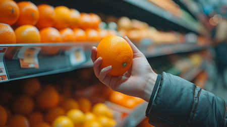 Squeezing Freshness: Hand and Orange in Storeの素材