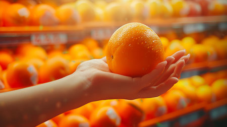 Grocery Essentials: Hand Hold Orange on Blur Shelfの素材