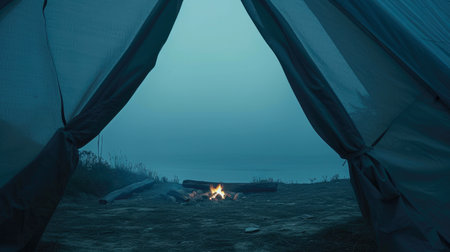 Nighttime Retreat: Campfire Glow Through Tent Gate in Empty Landscapeの素材