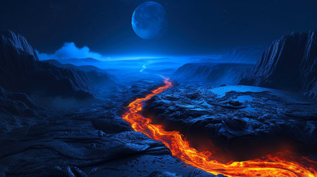 Celestial Inferno: Beautiful Lava Stream on Dark Blue Moonの素材