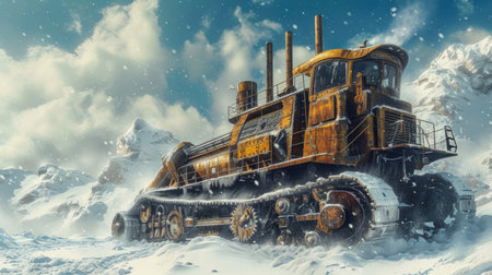 Glacial Giants: Dieselpunk Mining Machine Amidst Snowy Terrainの素材