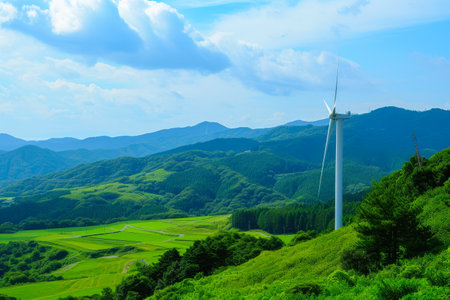 Sustainable Energy Landscapes: Windmills Against Azure Skiesの素材