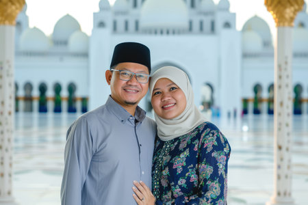 Happy Muslim Couple with Son in Grand Mosque Settingの素材
