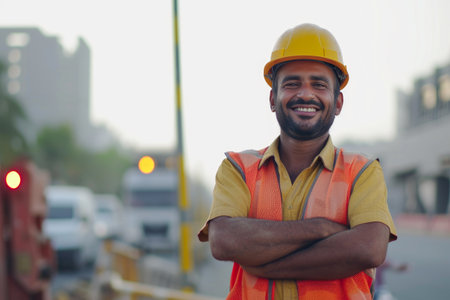 Happy Construction Man Celebrating Progress on Road Projectの素材
