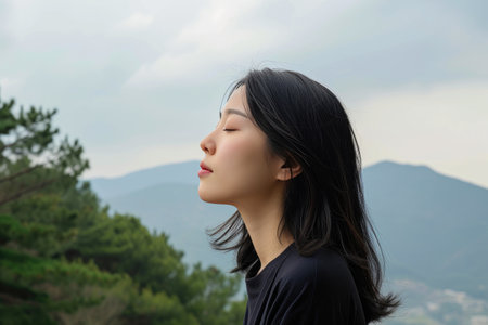 Elevated Tranquility: Asian Woman in Alpine Serenityの素材