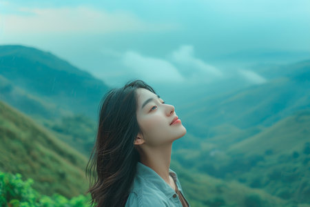 High-altitude Harmony: Asian Beauty Immersed in Mountain Airの素材