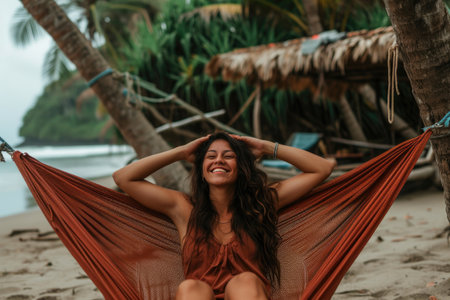 Tranquil Beach Scene: Woman Finds Serenity in Hammock Havenの素材