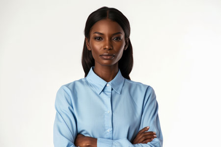 Empowered African American Lady in Blue, Crossed Arms, White Backdropの素材