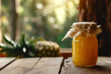 Pineapple Jam Jar Display on Wooden Surfaceの素材