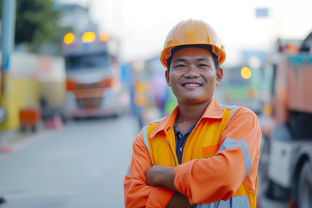 Content Construction Worker Posing Amid Roadwork Hustleの素材