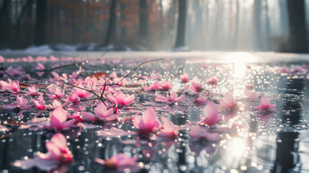 Sunlit Lake: Nature's Canvas of Pink Ice Floralsの素材