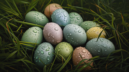 Tranquil Easter Morning: Eggs in Dewy Grassの素材