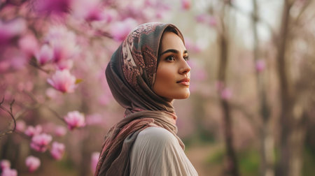 Harmony in Hijab: Peaceful Muslim Woman in Floral Havenの素材