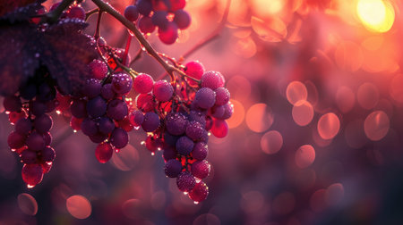 Vibrant Dawn: Red Grape Vineyard in the Morning Hazeの素材