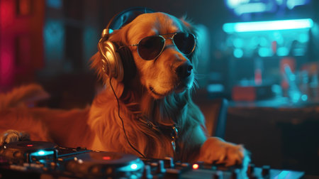 Pawsitively Groovy: Canine DJ Spinning Tracks in a Neon Nightclubの素材