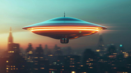 Sleek Metallic UFO Zipping Through City Skiesの素材