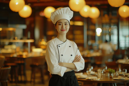 Joyful Chef Woman in Professional Attire, Restaurant Sceneの素材