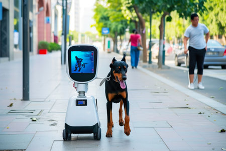 Modern Pet Management: Robotic Assistant and Doberman Outingの素材