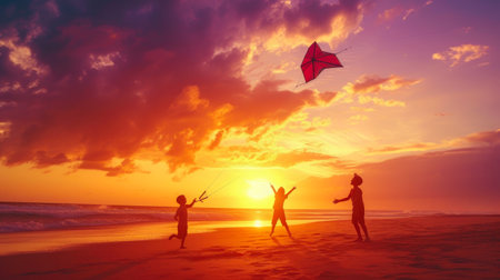 Golden Hour Delight: Family Fun on Beach with Kiteの素材