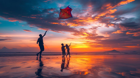 Freedom in Flight: Family Kite Adventure at Sunsetの素材