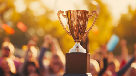 Gleaming Victory: Modern Trophy Amid Cheering Spectatorsの素材