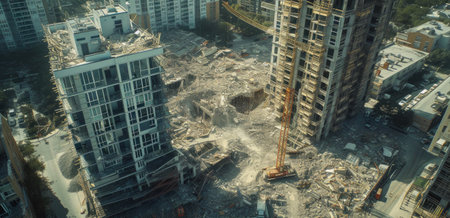 Urban Preparation: Aerial View of Construction Scaffoldings Amidst Oncoming Stormの素材