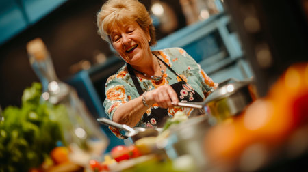 Cheerful Elderly Woman Excels in Culinary Contestの素材