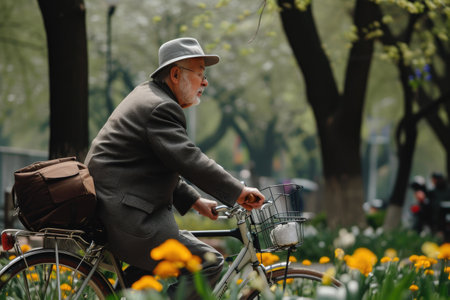 Exploring Nature: Middle-Aged Cyclist Amidst Serene Landscapesの素材