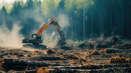 Environmental Crisis: Machinery Ravages Dense Woodlandsの素材