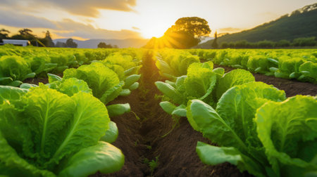 Sustainable Farming: Vibrant Lettuce Field Under Sunlightの素材