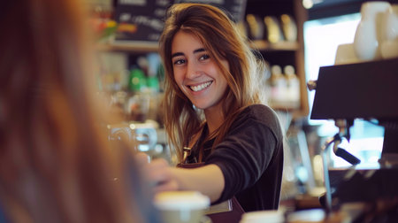 Warm Welcome: Barista Serving Customer in Cafeの素材