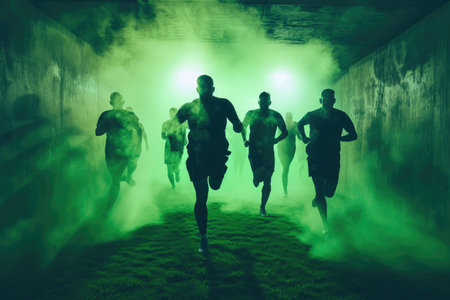 Dynamic Entry: Black Football Players Rushing Onto Green Pitchの素材